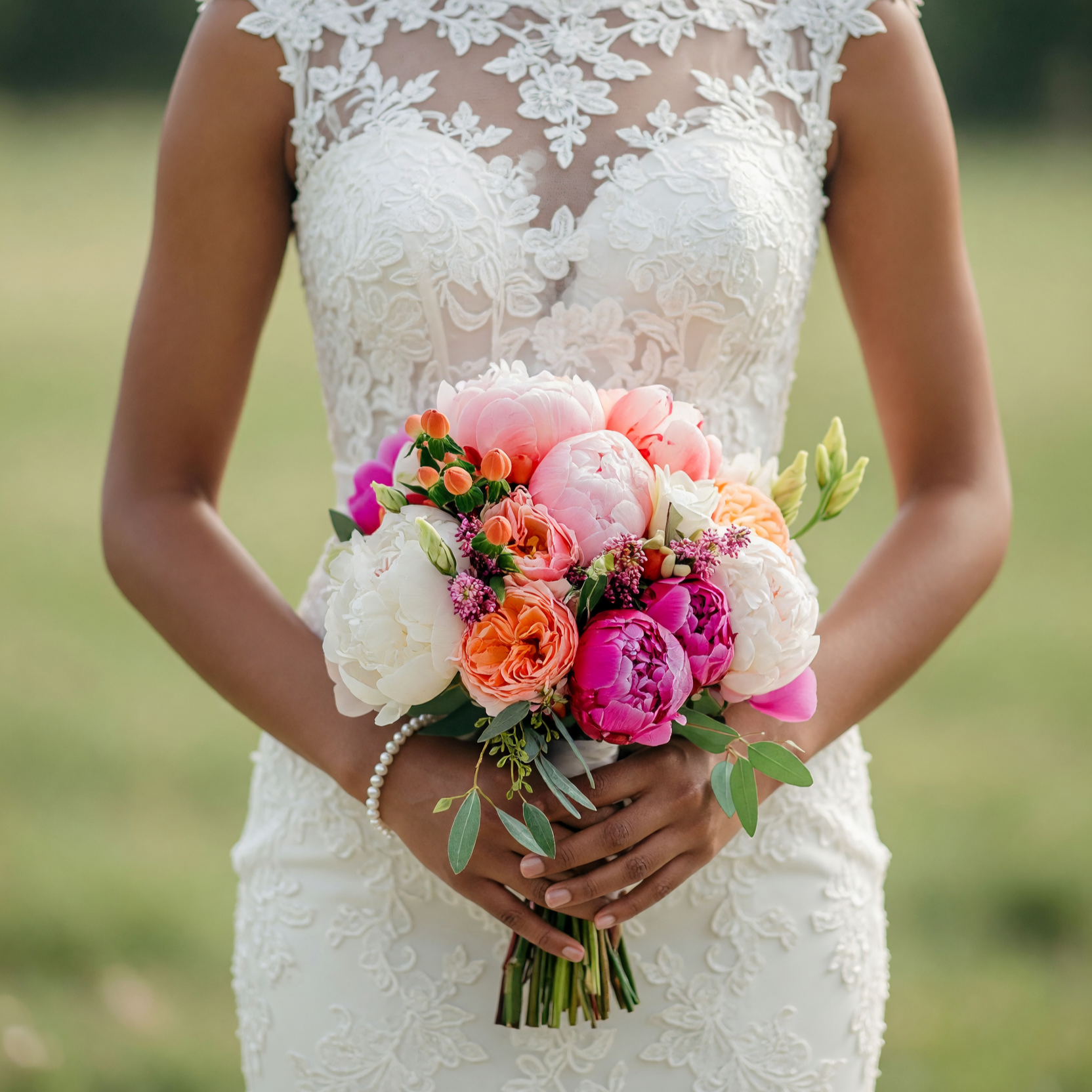 Romantic colorful bouquet featuring blush and white peonies, peach garden roses, pink blooms, lisianthus, and fresh greenery for a wedding.