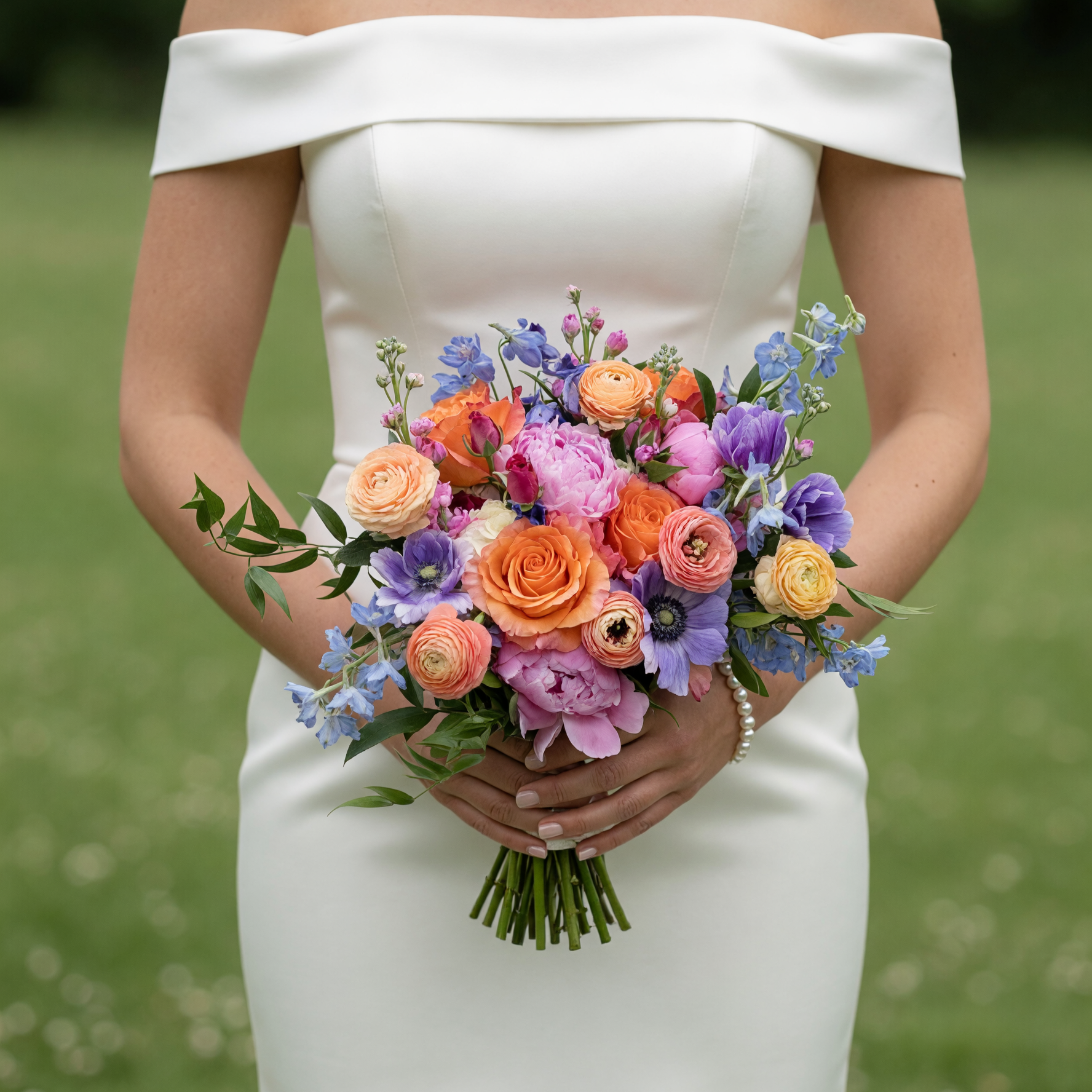 Colorful wedding flower bouquet with peach roses, pink peonies, lavender anemones, ranunculus, blue delphiniums, and fresh greenery for an elegant bridal ceremony.