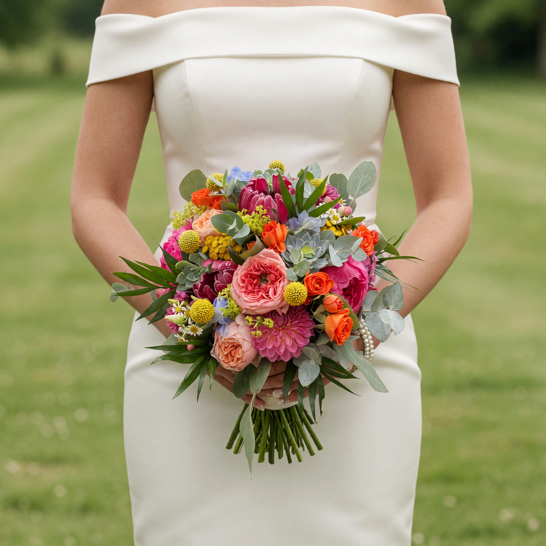 Colorful wedding blooms with blush garden roses, pink peonies, orange spray roses, protea, blue hydrangea, craspedia, eucalyptus, and fresh greenery for a bridal bouquet.