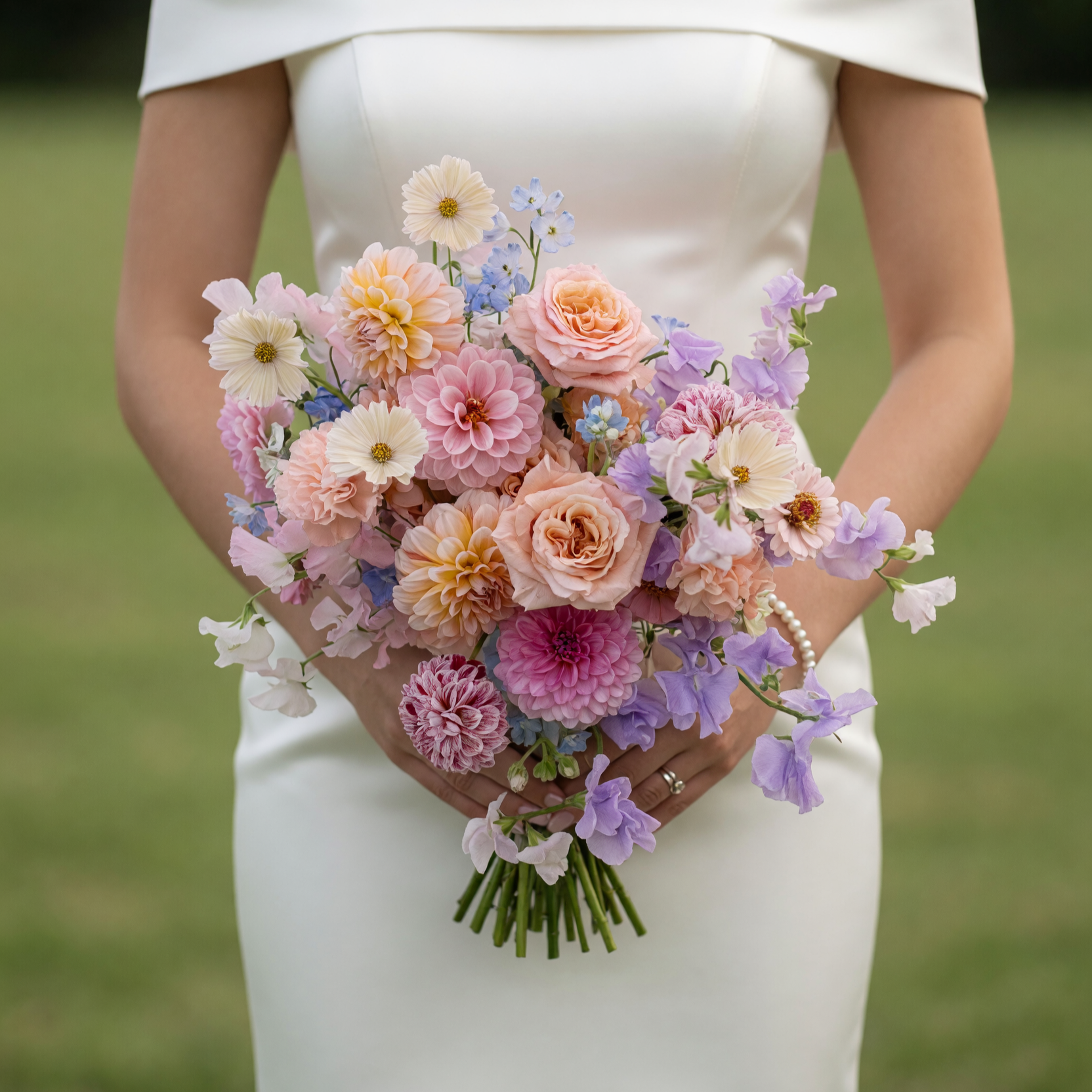 Colorful bridal flowers bouquet with blush roses, pastel dahlias, white cosmos, lavender sweet peas, carnations, chrysanthemums, and blue delphiniums for a romantic wedding.