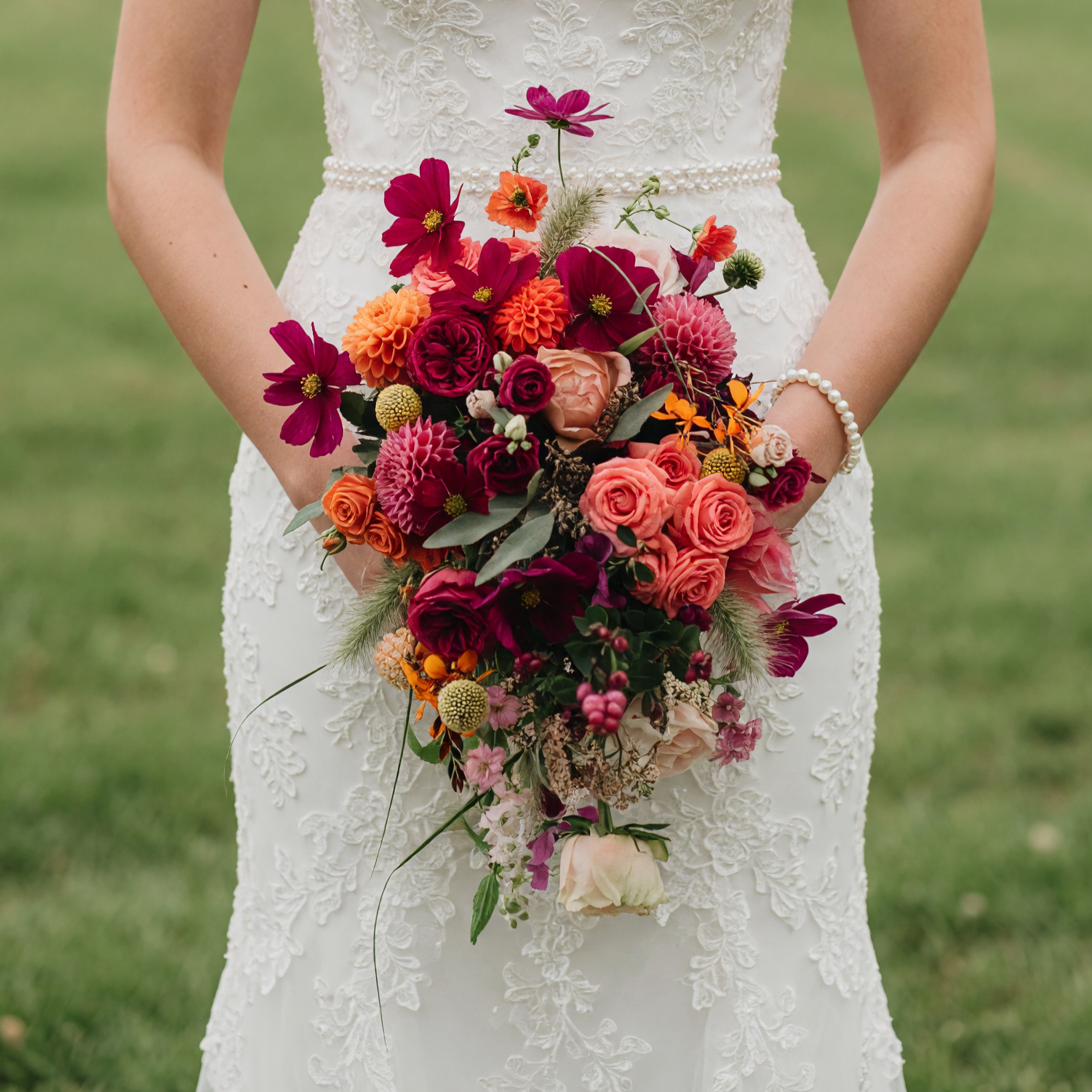 Bright wedding bouquet with burgundy roses, blush roses, coral spray roses, orange dahlias, cosmos, eucalyptus, berries, and cascading seasonal flowers for an elegant bridal ceremony.