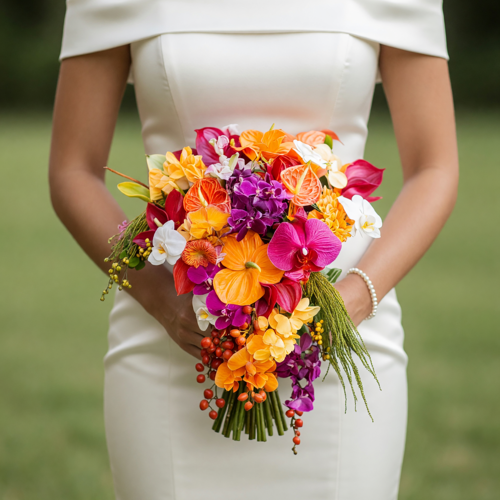 Colorful flower bouquet wedding with pink, purple, and white orchids, orange anthuriums, calla lilies, tropical flowers, decorative berries, and cascading greenery.