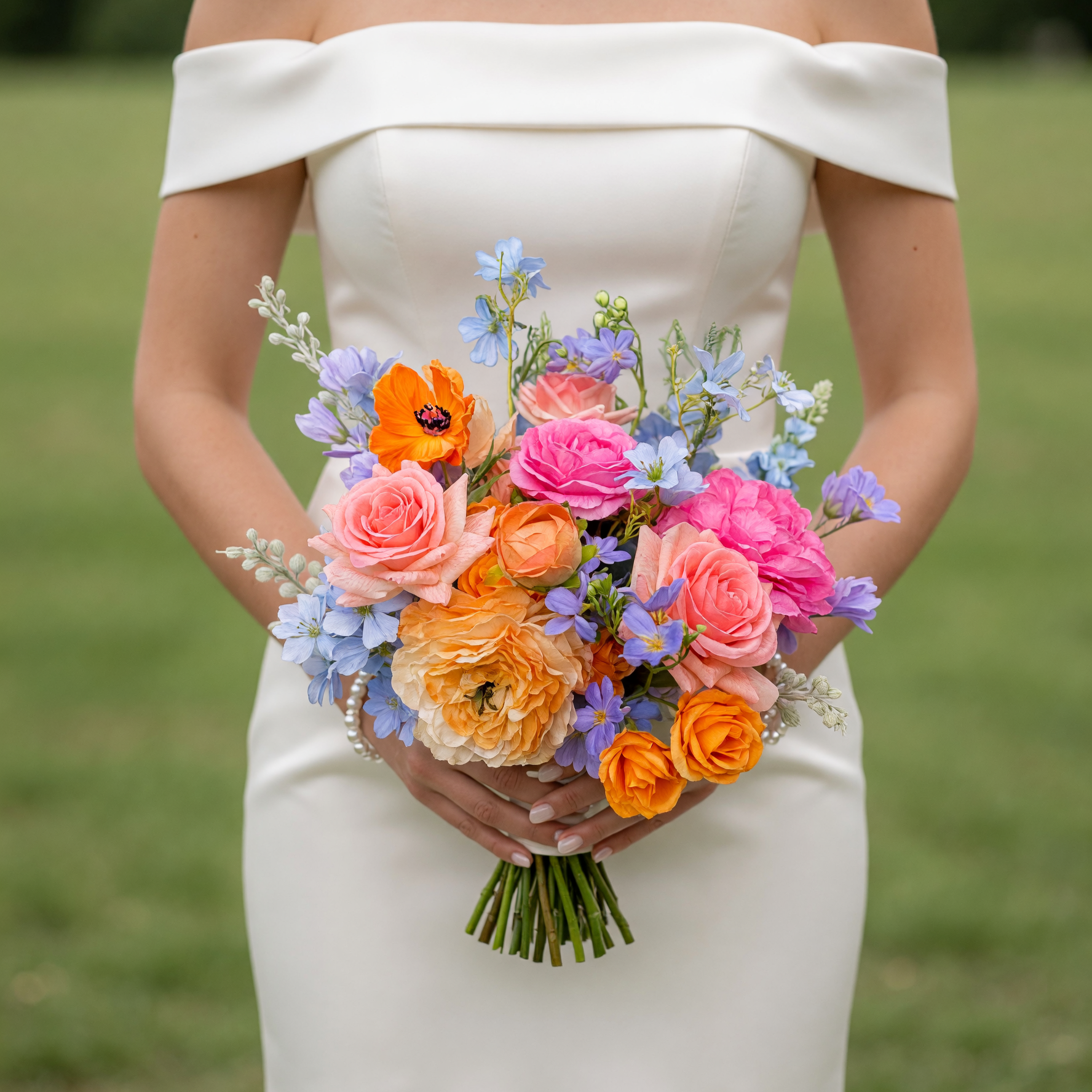Colorful wedding blooms featuring blush roses, pink peonies, orange ranunculus, blue delphiniums, lavender flowers, and seasonal garden blooms in a bridal bouquet.