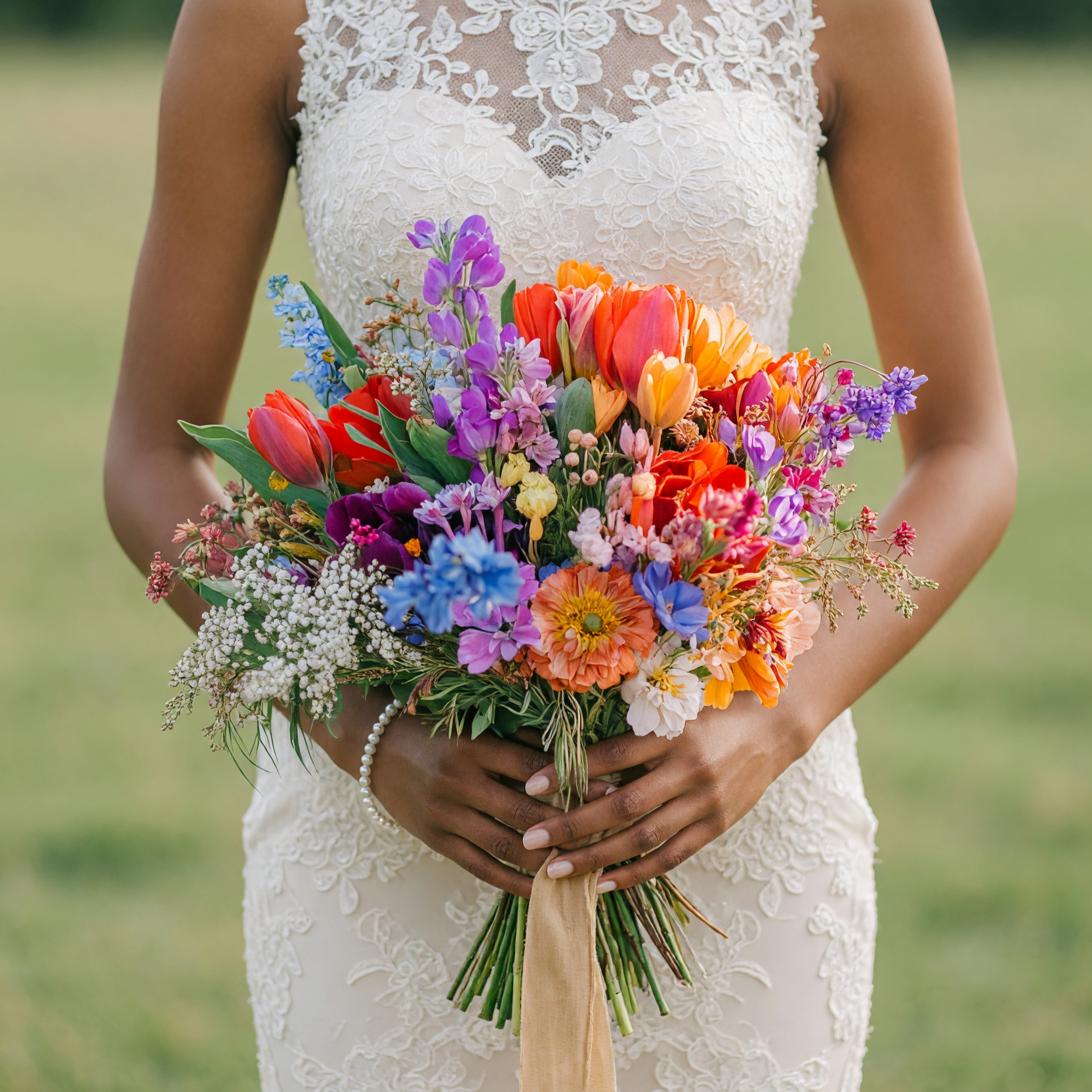 Popular wedding bouquets with colorful tulips, sweet peas, cornflowers, zinnias, baby's breath, and seasonal wildflowers for a romantic bride.