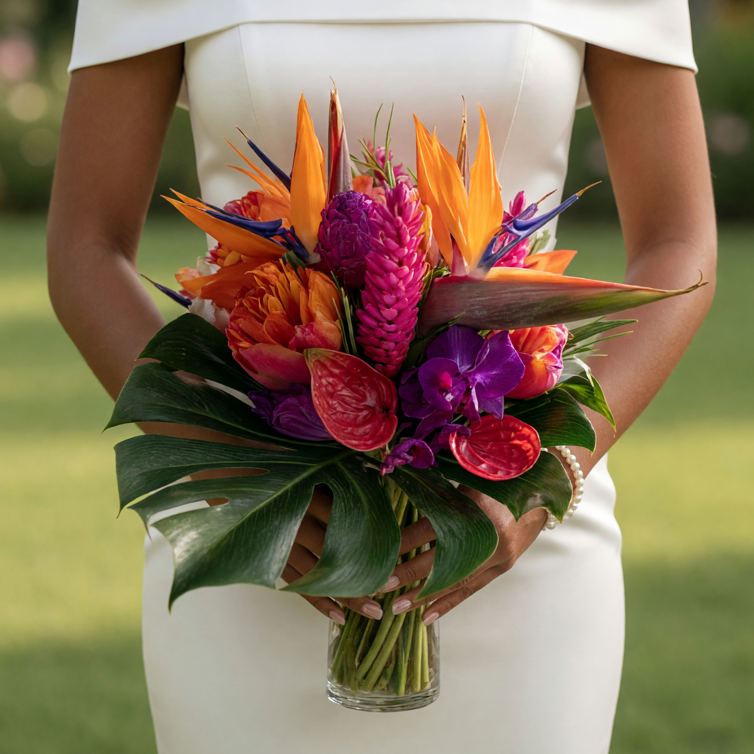 Luxury colorful bridal bouquet with Birds of Paradise, pink ginger, purple orchids, red anthuriums, tropical foliage, and vibrant orange flowers for a modern bride.