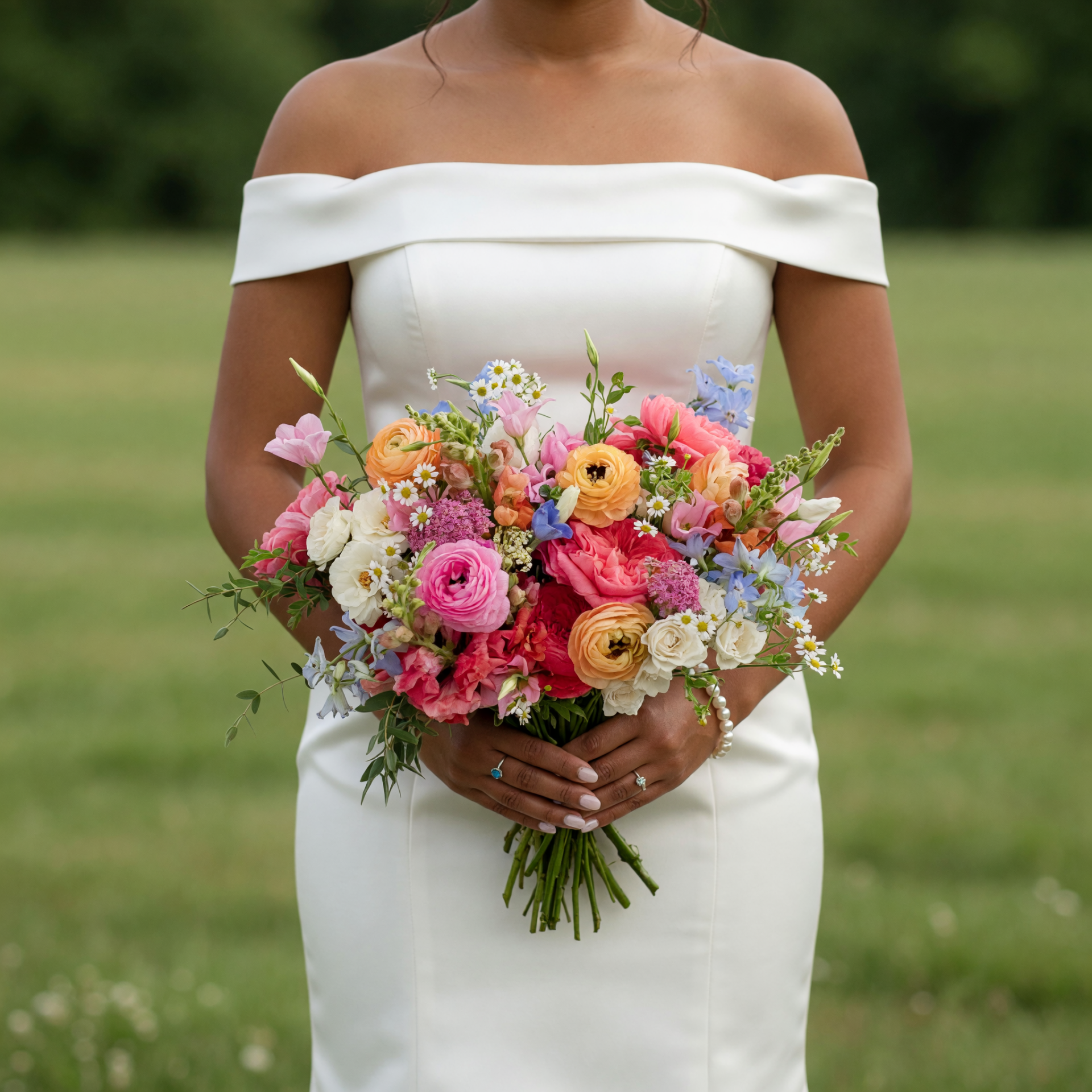 Romantic colorful bouquet featuring peach ranunculus, pink garden roses, ivory spray roses, blue delphinium, chamomile daisies, lisianthus, and fresh greenery for a wedding bride.