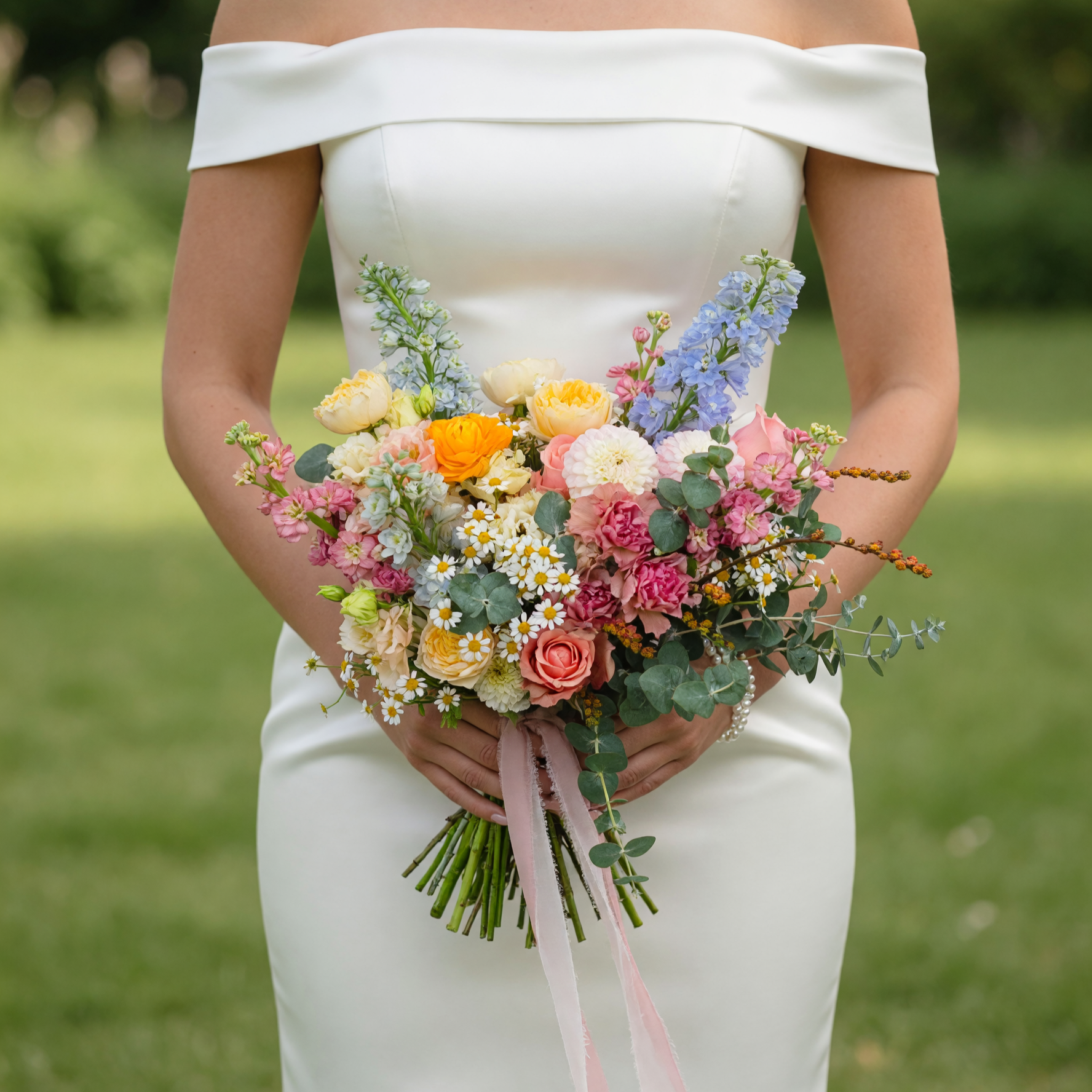 Bridal flowers bouquets with cream roses, blush carnations, golden ranunculus, blue delphiniums, chamomile, eucalyptus, and pastel wedding flowers.