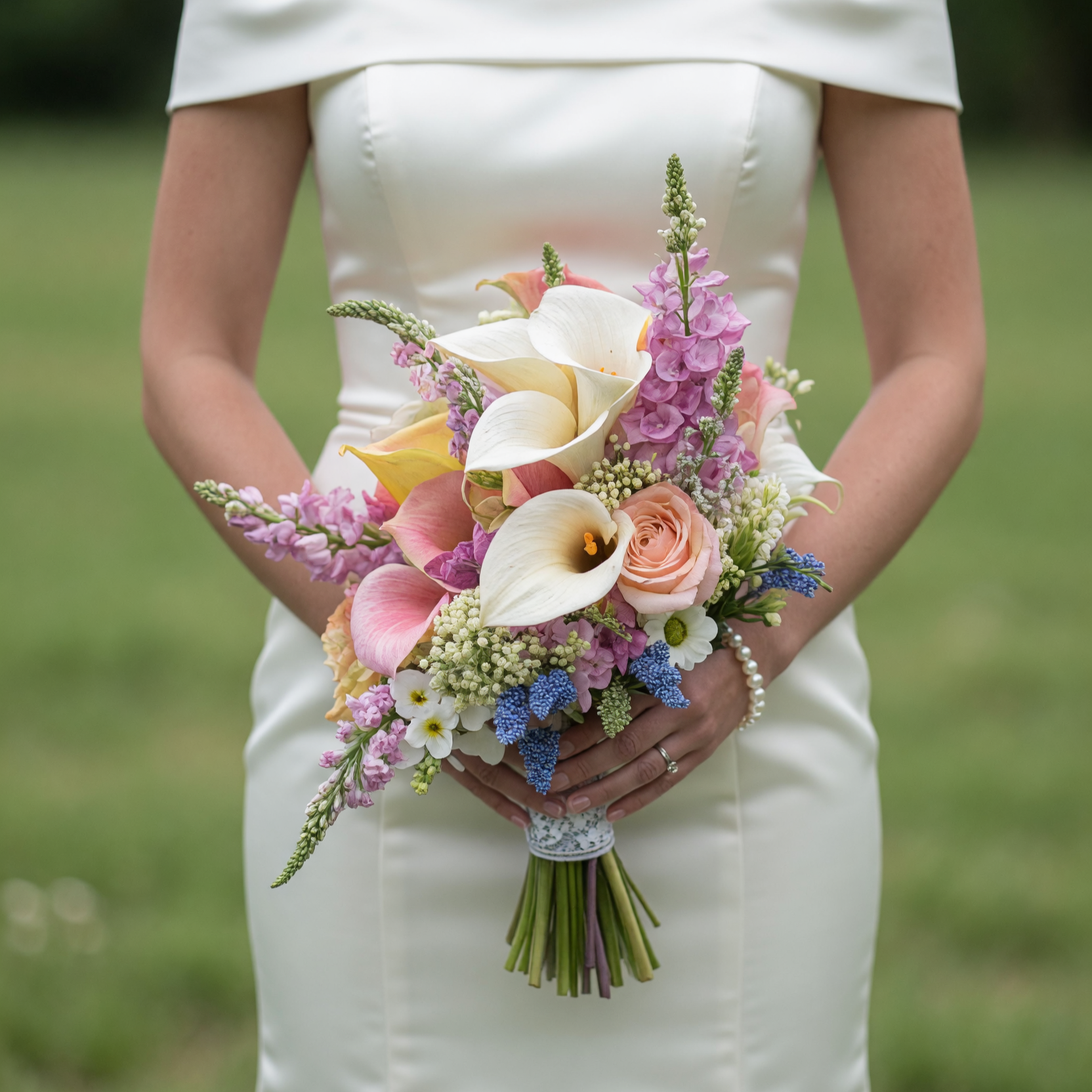 Bridal flowers bouquets with white and blush calla lilies, blush roses, lavender snapdragons, blue muscari, daisies, and romantic pastel wedding flowers.