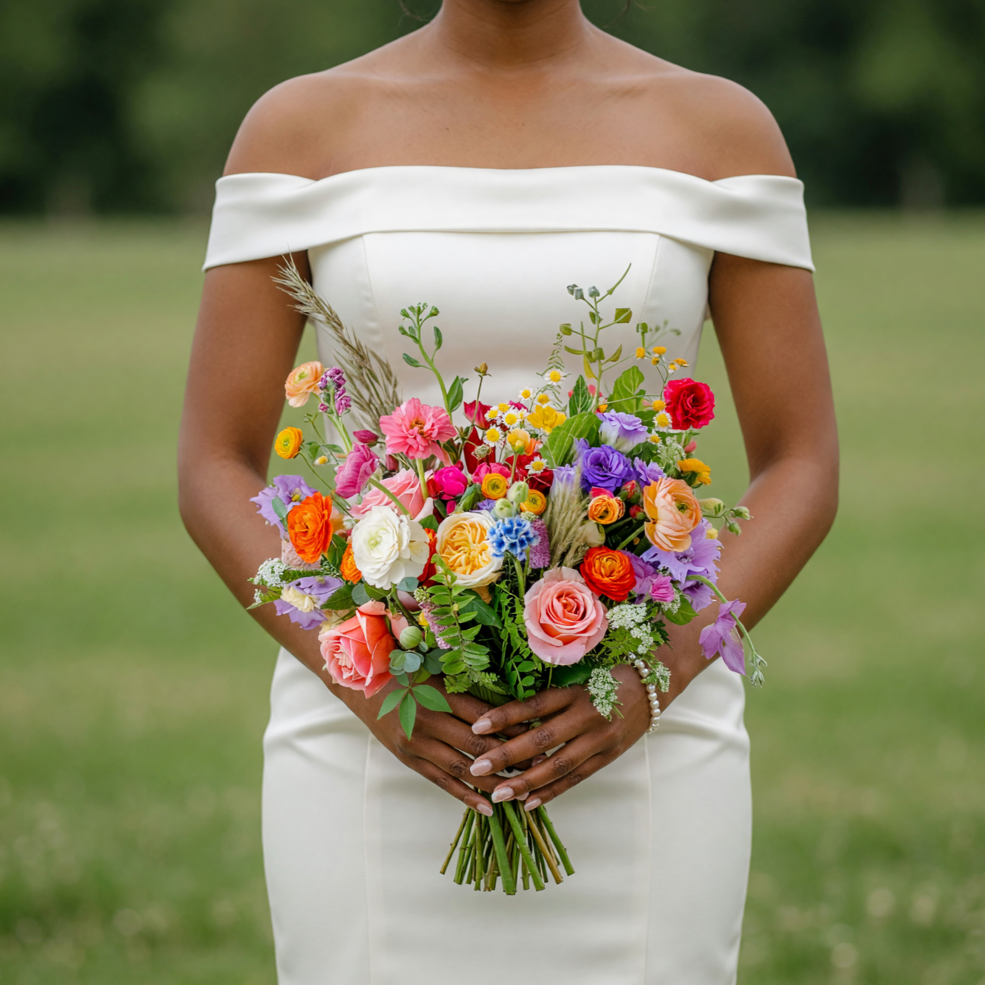 Popular wedding bouquets with blush roses, ranunculus, lisianthus, chamomile, colorful seasonal wildflowers, and fresh greenery for romantic weddings.