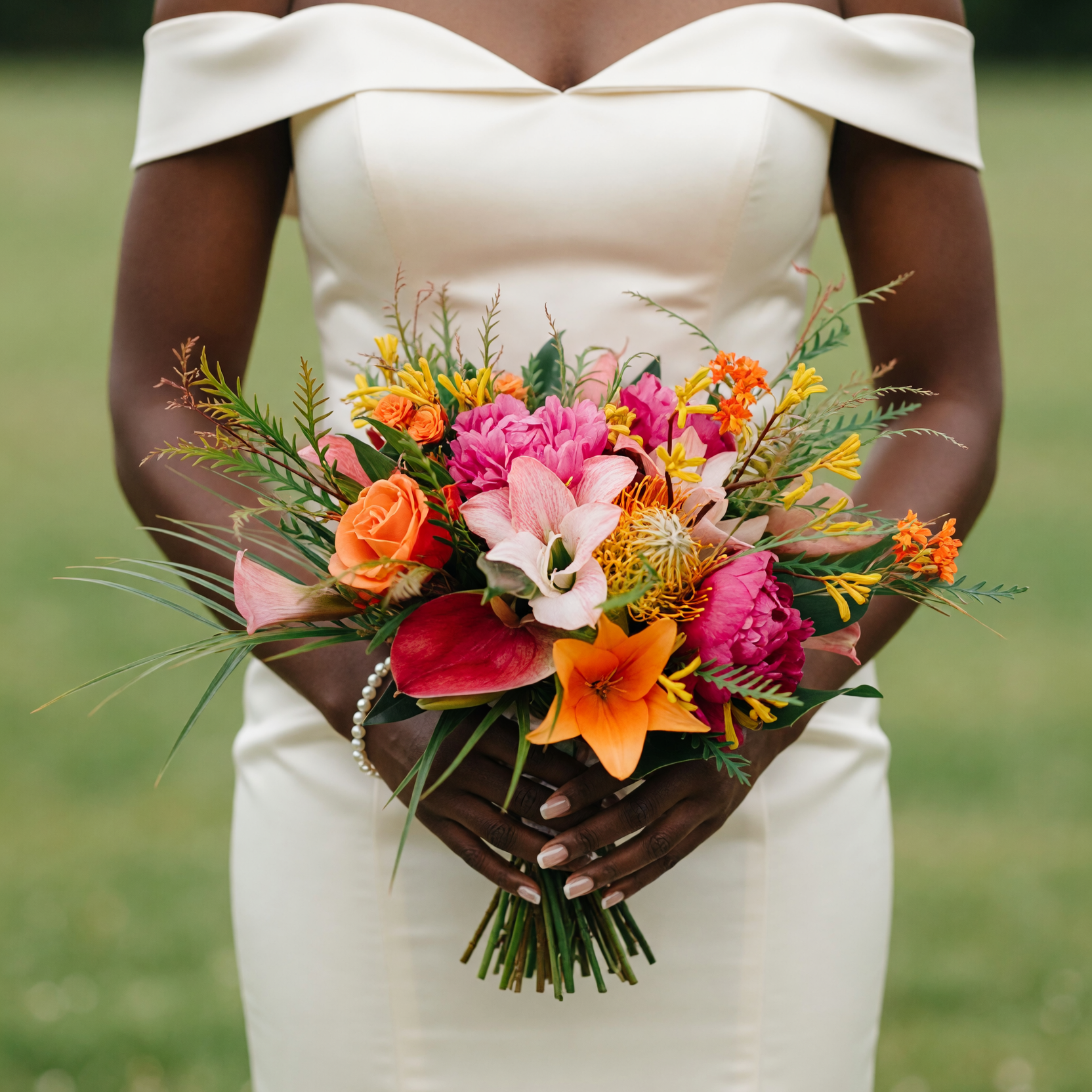 Boho style flowers in colourful wedding bouquets with coral roses, pink peonies, calla lilies, orange lilies, protea, orchids, and lush greenery.