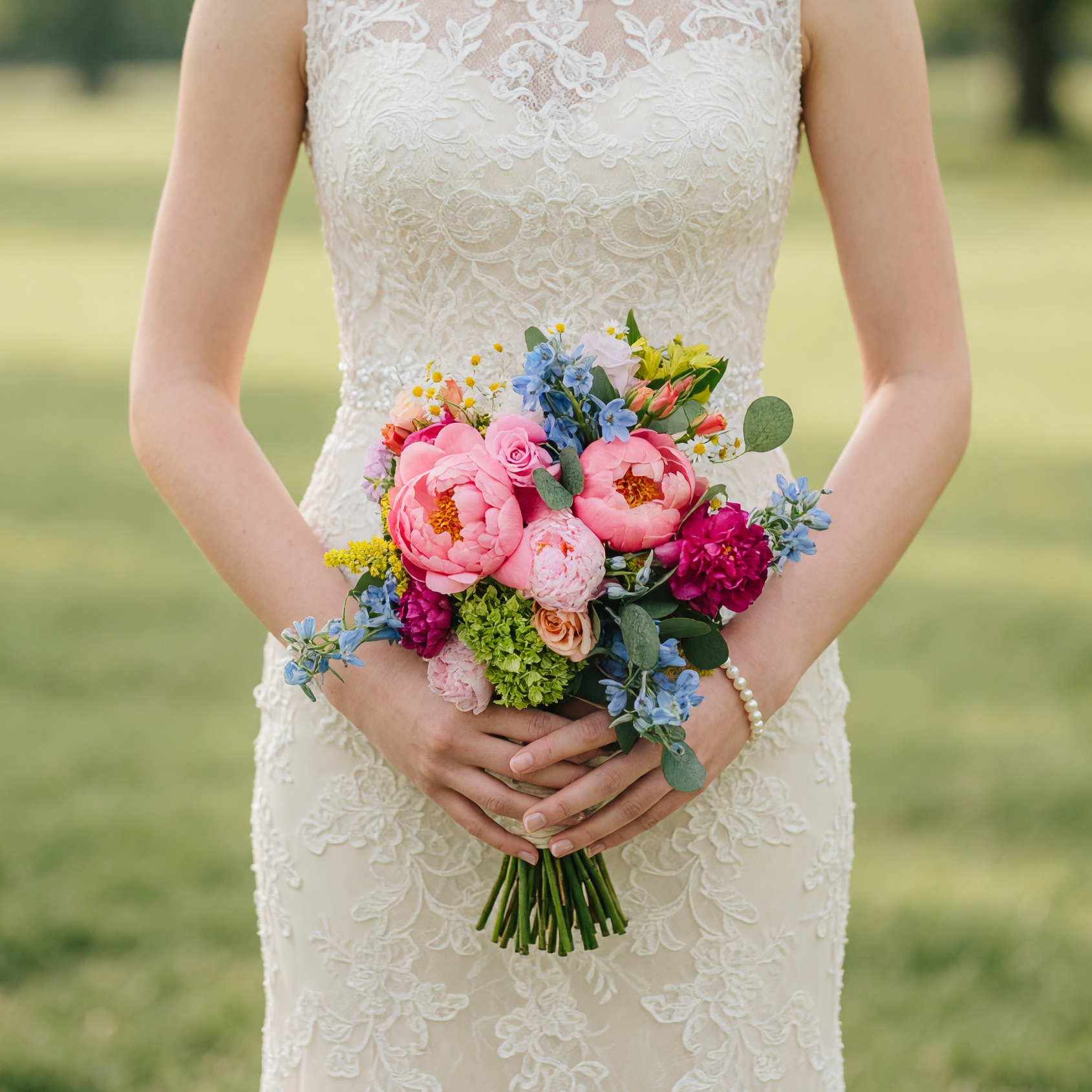 Bridal flowers bouquets with blush peonies, pink roses, magenta carnations, blue delphiniums, chamomile, eucalyptus, and fresh garden flowers.