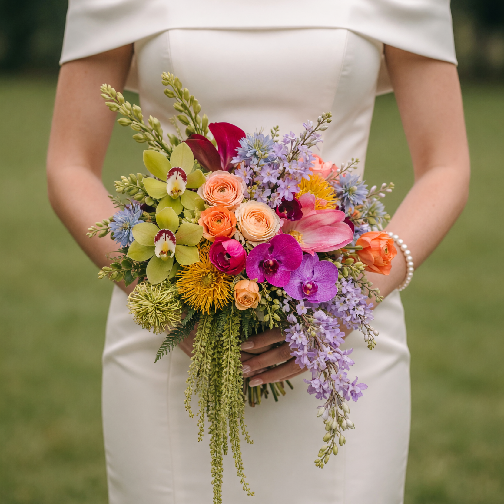 Bridal flowers bouquets with green cymbidium orchids, purple orchids, peach ranunculus, lilac, cream roses, pincushion protea, and cascading amaranthus.