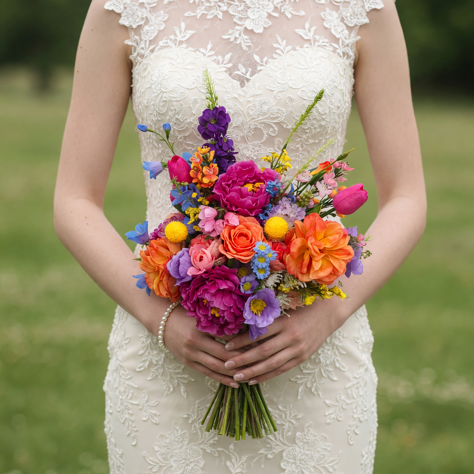 Popular wedding bouquets with magenta peonies, orange garden roses, peach ranunculus, pink tulips, blue cornflowers, purple stock flowers, billy balls, and colorful seasonal blooms.