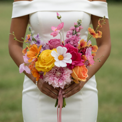 Bridal flowers bouquets with yellow roses, pink dahlia, coral roses, cosmos flowers, orchids, and colorful seasonal wedding blooms.