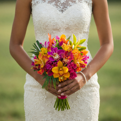 Bridal flowers bouquets with tropical orchids, yellow lilies, alstroemeria, marigolds, and vibrant exotic wedding flowers.