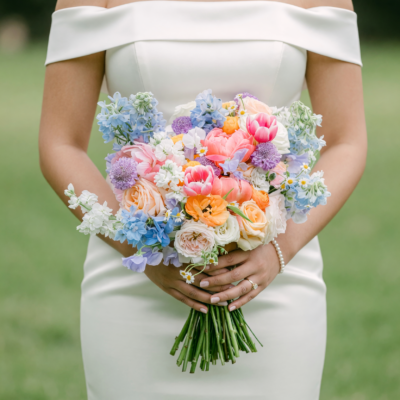 Budget wedding bouquets with pastel garden roses, pink tulips, blue delphiniums, ranunculus, daisies, and colourful seasonal bridal flowers