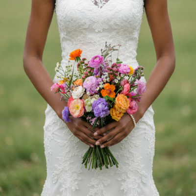 Boho style flowers featuring colourful garden roses, ranunculus, wildflowers, cosmos, spray roses, and seasonal bridal bouquet in vibrant pastel tones