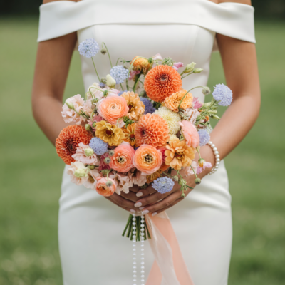 Bridal flowers bouquets featuring peach dahlias, ranunculus, zinnias, blue scabiosa, lisianthus, and colourful seasonal wedding flowers in a hand tied bridal bouquet