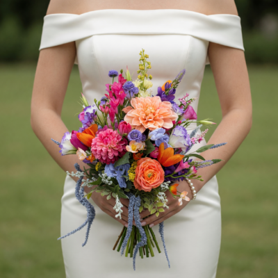 Bridal blooms featuring peach dahlias, coral roses, orange tulips, lisianthus, asters, veronica, and colourful seasonal wedding flowers in a hand tied bridal bouquet