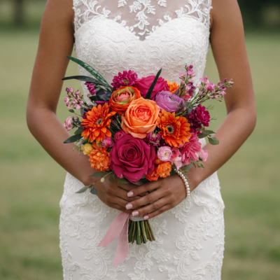 Popular wedding bouquets featuring magenta garden roses, peach roses, orange gerbera daisies, ranunculus, spray roses, and colourful seasonal bridal flowers