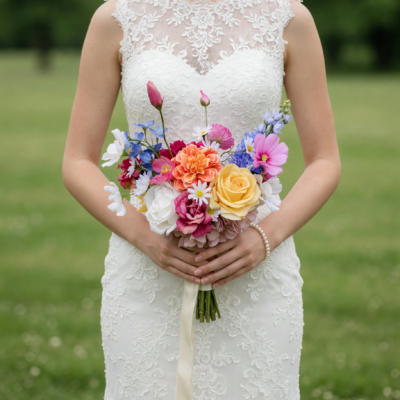 Bridal flowers bouquets featuring yellow garden roses, coral zinnias, pink cosmos, blue delphiniums, white daisies, lisianthus, and colourful seasonal wedding flowers