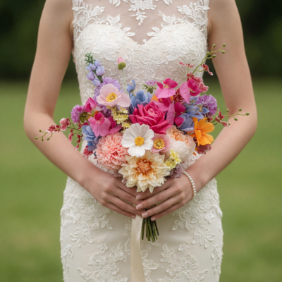 Budget wedding bouquets featuring pink roses, peach dahlias, white daisies, blue delphiniums, cosmos, seasonal wildflowers, and colourful bridal flowers