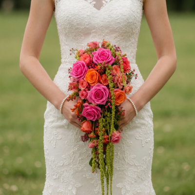 Bridal flowers bouquets with hot pink and orange roses, coral flowers and cascading green accents for a colourful wedding bouquet.