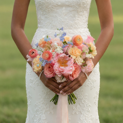 Popular wedding bouquets with peach roses, blush garden flowers, cream blooms and soft blue accents for a romantic bride.