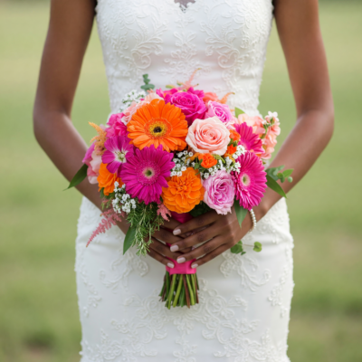 Bridal flowers bouquets with orange and hot pink gerbera blooms, blush roses, white accents and greenery for a colourful wedding.