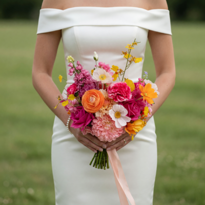 Bridal blooms with hot pink roses, orange ranunculus, peach flowers and yellow accents in a colourful garden wedding bouquet.