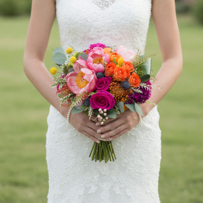Wedding flowers bridal bouquet prices inspiration with coral pink blooms, orange and raspberry roses, yellow accents, blue textures and eucalyptus greenery.