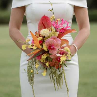 Bridal flowers bouquets inspiration with pink patterned orchids, coral anthurium, orange tropical foliage, yellow flowers and cascading greenery.