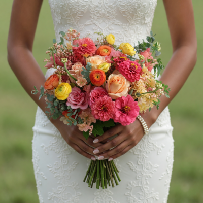 Popular wedding bouquets with raspberry pink flowers, peach roses, yellow and orange ranunculus, blush accents and eucalyptus greenery.