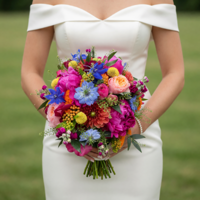 Bridal flowers bouquets with vivid pink blooms, blue flowers, peach roses, orange accents, yellow craspedia and fresh wedding greenery.