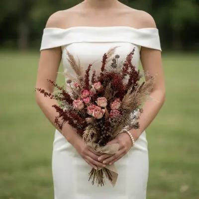 Bride holding a dried flower wedding bouquet with dusty pink roses, burgundy stems, beige grasses, dried seed heads, and a rustic fabric wrap.