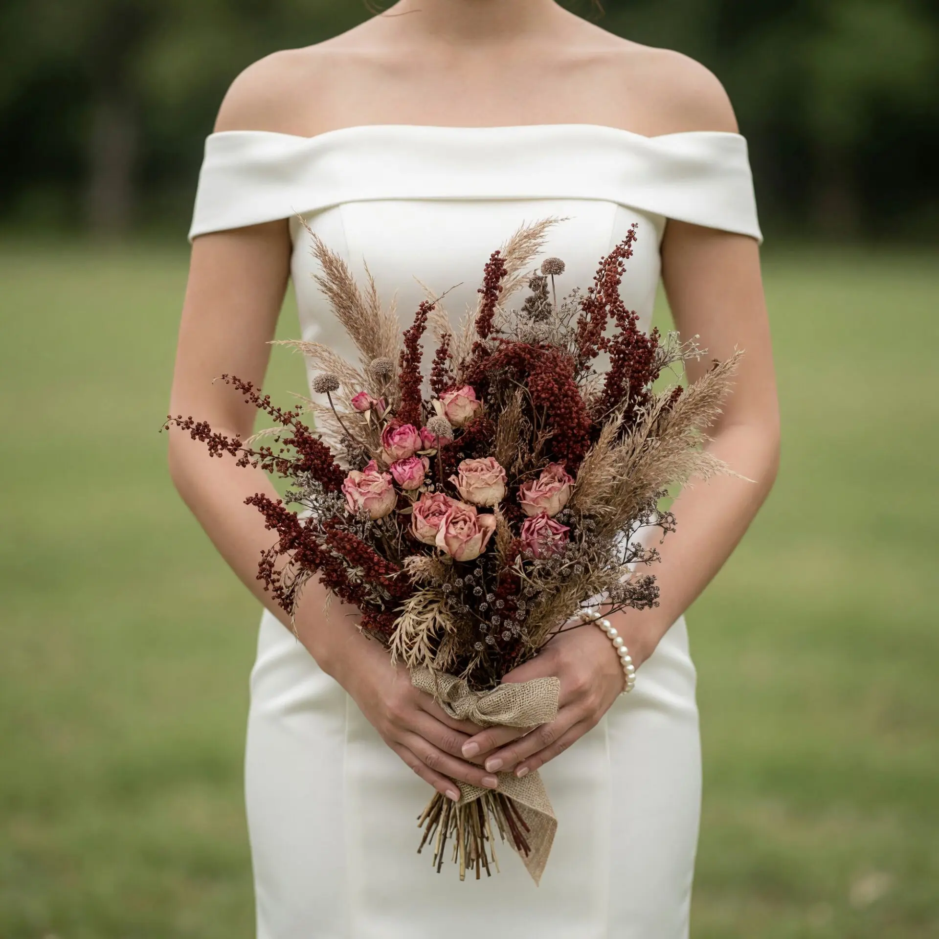Bride holding a dried flower wedding bouquet with dusty pink roses, burgundy stems, beige grasses, dried seed heads, and a rustic fabric wrap.