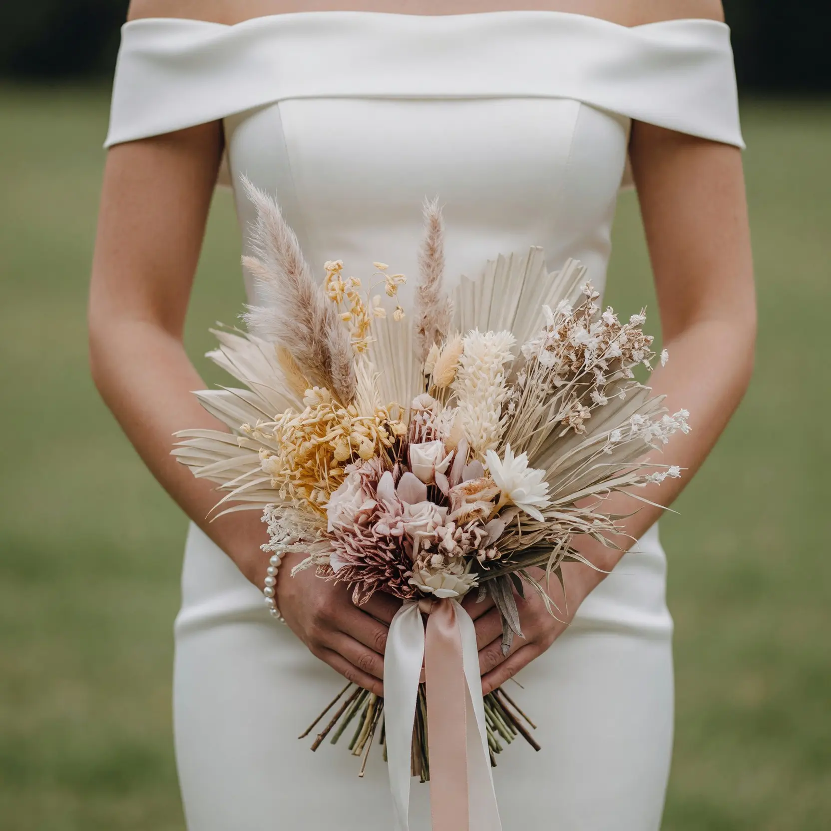 Bride holding a neutral dried flower wedding bouquet with ivory fan palms, blush blooms, beige grasses, cream botanicals, and blush ribbons.