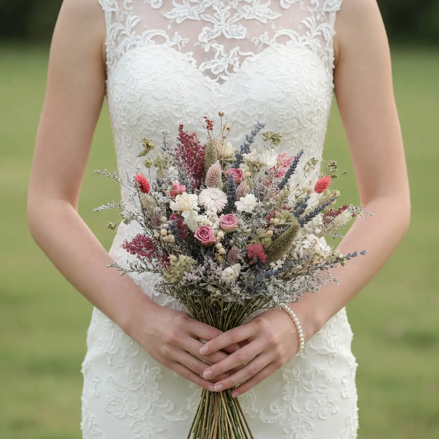 Bride holding a pastel dried flower wedding bouquet with pink roses, ivory blooms, muted blue sprigs, berry-toned flowers, and soft grasses.