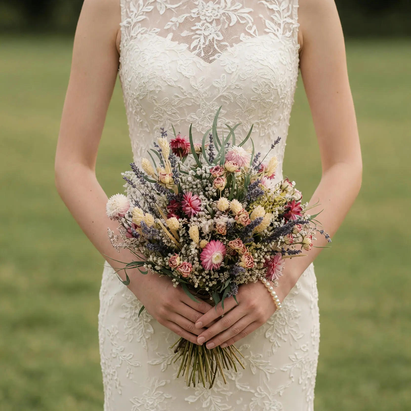 Bride holding a dried flower wedding bouquet with pink daisy-like blooms, blush roses, creamy wheat-like stems, lavender sprigs, and greenery.