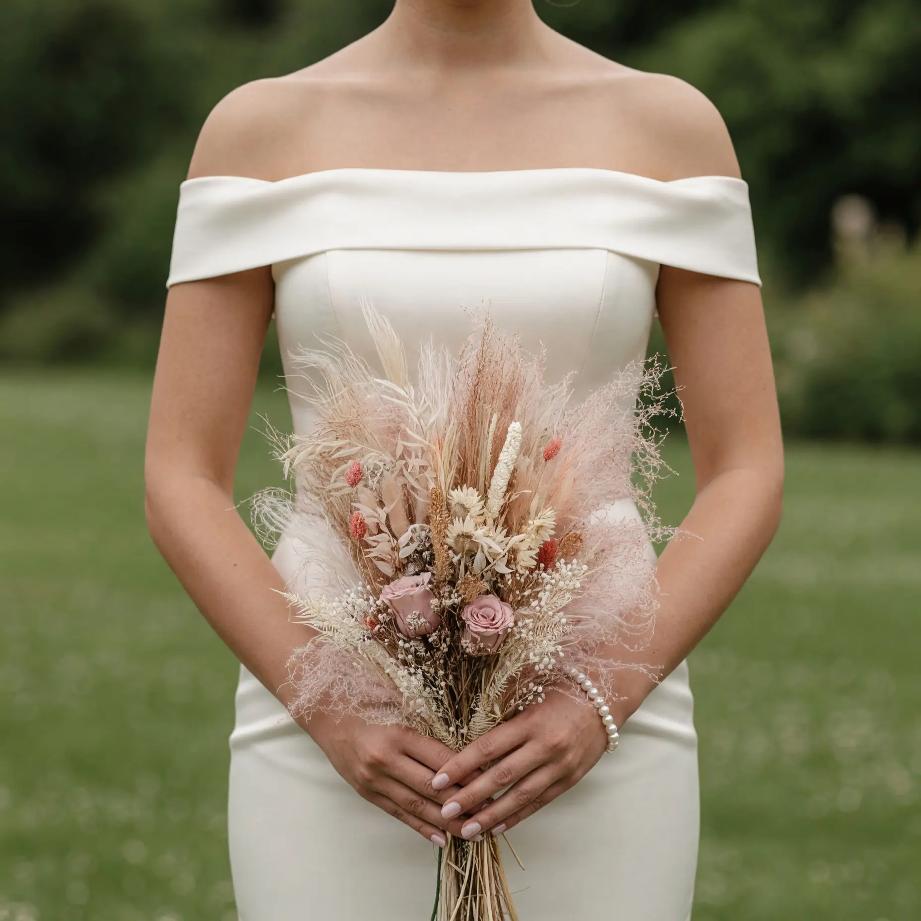 Bride holding a blush dried flower wedding bouquet with pink rose-like blooms, cream flowers, wheat-like stems, airy grasses, and soft white clusters.