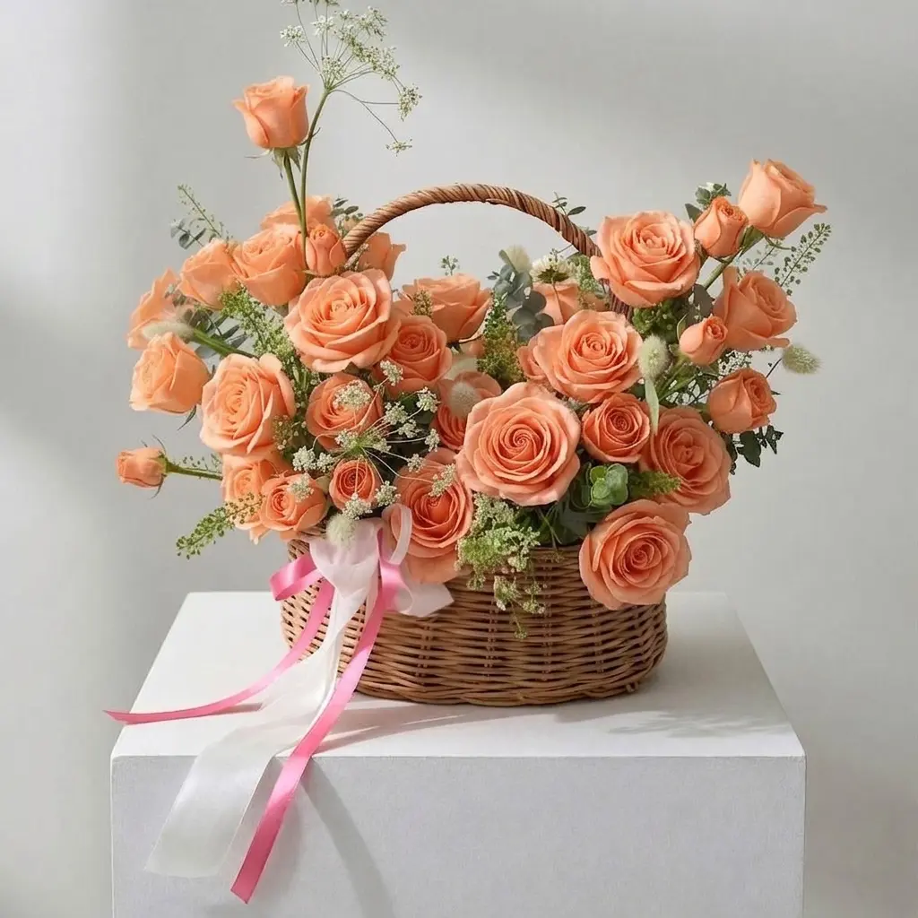 Rose basket Vancouver arrangement available in pink, white, peach, light pink and red roses with greenery and delicate white accents