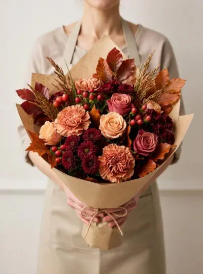 Luxury autumn flowers Vancouver bouquet with burgundy and peach roses, terracotta blooms, red berries and seasonal foliage in neutral wrapping.