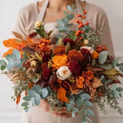 Fall flowers Vancouver Copper Grove bouquet with orange and cream roses, burgundy blooms, eucalyptus, berries and copper autumn foliage