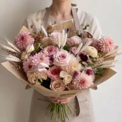 Pink flowers Vancouver Fall Blush bouquet with dusty pink roses, blush and cream blooms, burgundy accents and decorative wheat stems
