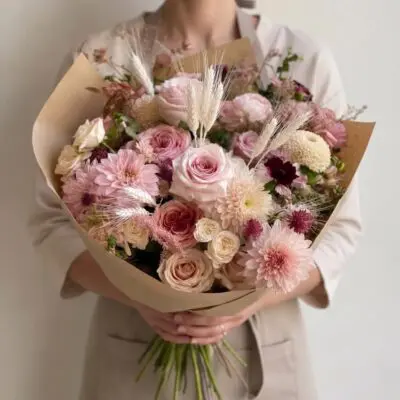 Pink flowers Vancouver Fall Blush bouquet with dusty pink roses, blush and cream blooms, burgundy accents and decorative wheat stems