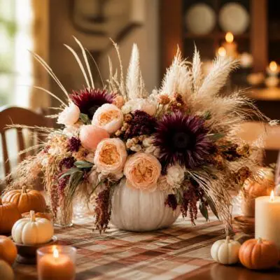 Autumn flower arrangement Vancouver with peach blooms, deep burgundy focal flowers, dried grasses and greenery in a neutral ceramic vase