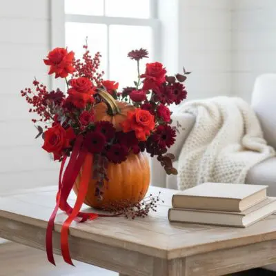 Fall flower arrangement Vancouver with red roses, burgundy flowers, red berry accents and foliage arranged in an orange pumpkin with red ribbons