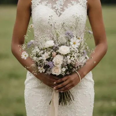 Popular wedding bouquets with ivory roses, white meadow flowers and soft lavender blooms for a romantic wildflower bride