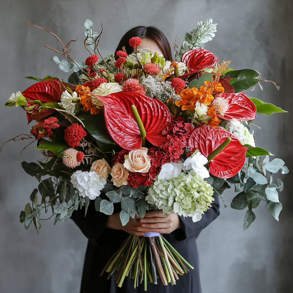 Designers bouquet with red anthurium