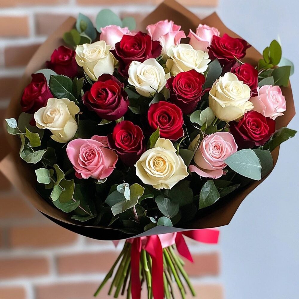 White pink and red roses mono bouquet